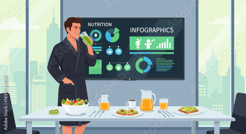 Man in Robe Enjoying Healthy Breakfast and Drinks with Nutrition Infographics