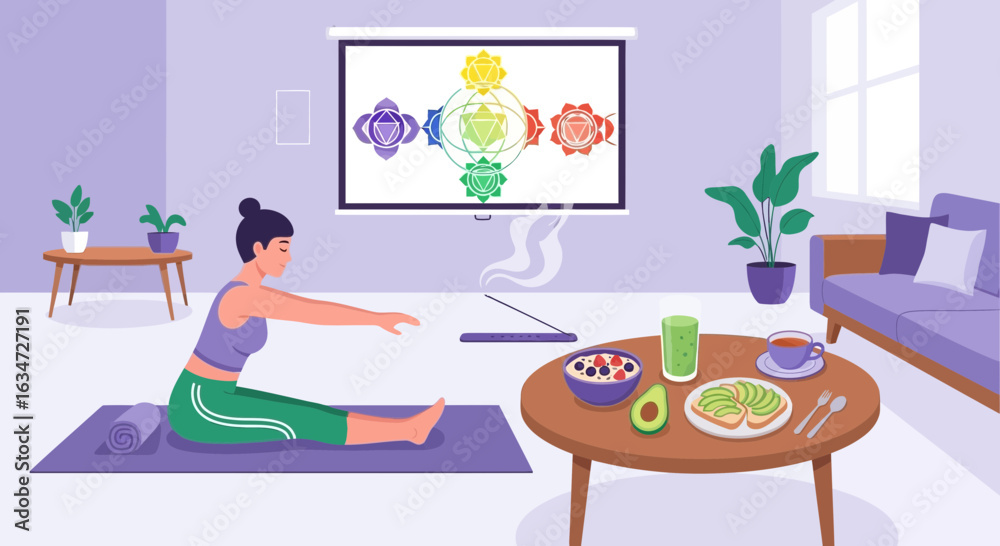 Fototapeta premium Woman practicing yoga at home with a screen displaying chakra symbols and healthy meal preparation