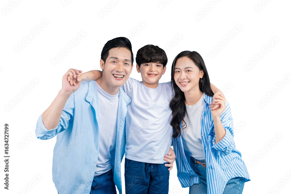 Obraz premium A happy asian family portrait, filled with joy and togetherness. A father, mother, and son embrace each other on png background