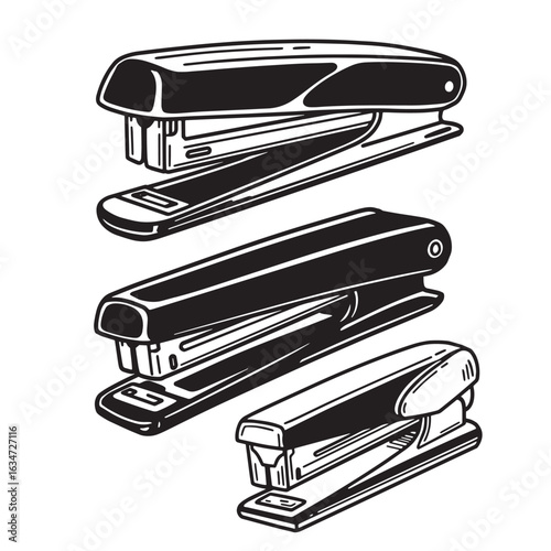 Vintage illustration of three black and white staplers representing office and stationery supplies