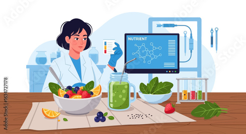 Illustration depicting a scientist analyzing the nutritional content of fruits and vegetables in a