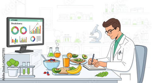 Scientist analyzing vitamin breakdowns for healthy eating habits and lifestyle design