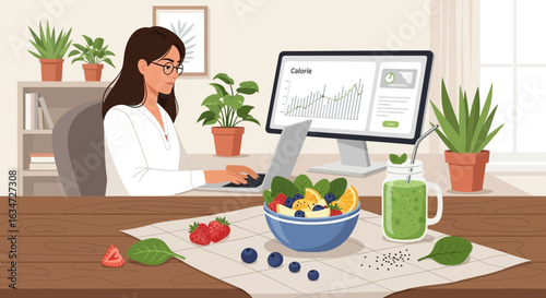 Healthy Lifestyle with Calorie Tracking at Work: Woman Using Laptop with Salad and Smoothie