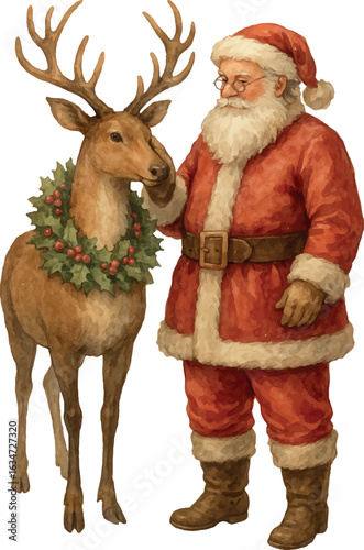 Vector Classic Santa Claus standing beside a reindeer wearing a festive wreath. Vintage-style Christmas illustration perfect for nostalgic holiday cards and traditional seasonal decor.