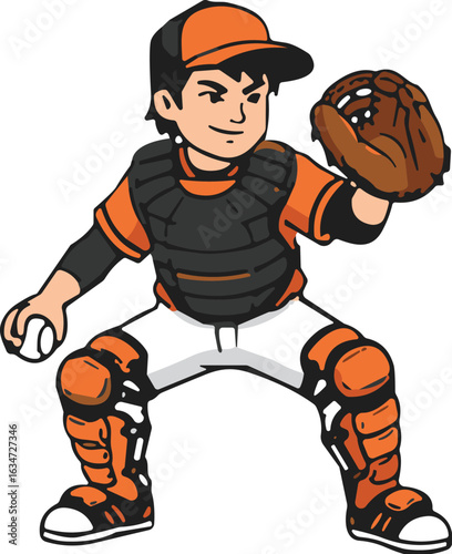 Baseball catcher in gear, orange black uniform, chest protector, mitt and ball, ready stance, sports illustration, athletic pose, game action