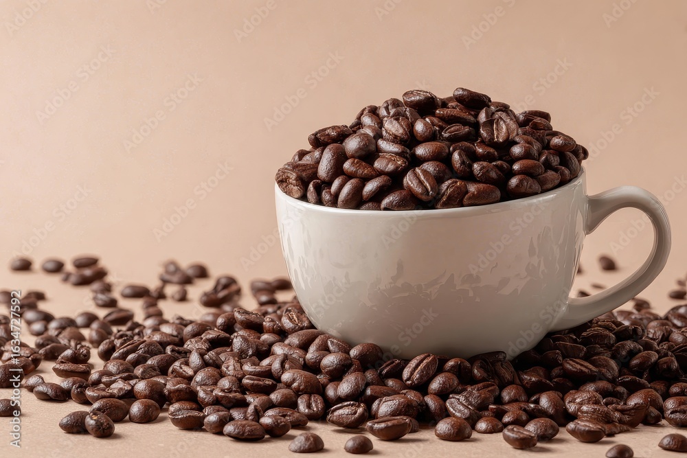 Fototapeta premium Overflowing white cup brimming with freshly roasted coffee beans on a neutral backdrop highlighting rich texture and aroma in an inviting atmosphere