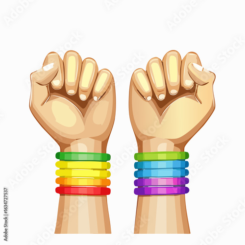 Zwei Hände mit Regenbogenarmbändern