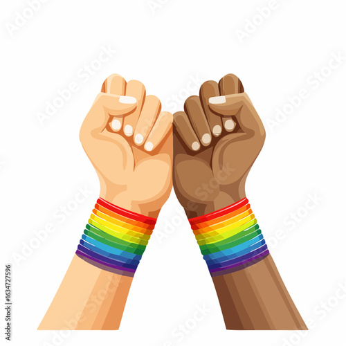 Zwei Hände mit Regenbogenarmbändern