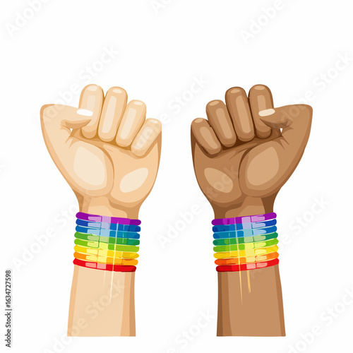 Zwei Hände mit Regenbogenarmbändern
