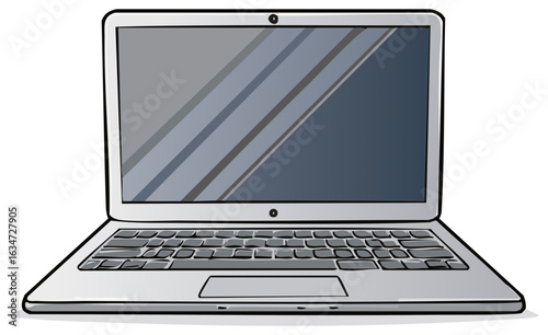 Cartoon style vector illustration of a modern open laptop computer with a blank screen.