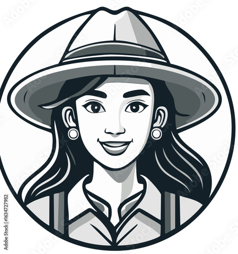 Woman Wearing a Hat Illustration, Smiling Cartoon-Style Portrait, Retro Badge