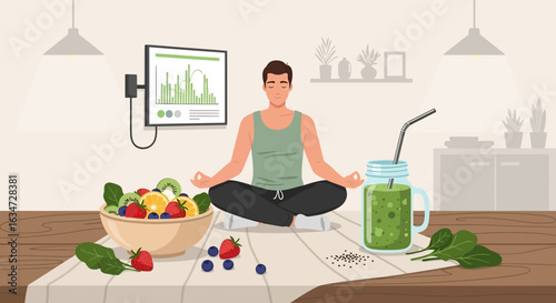 Meditating man with healthy lifestyle choices in a modern living room setting during day