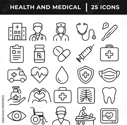 Health and medial related line art icon set collection vector illustration