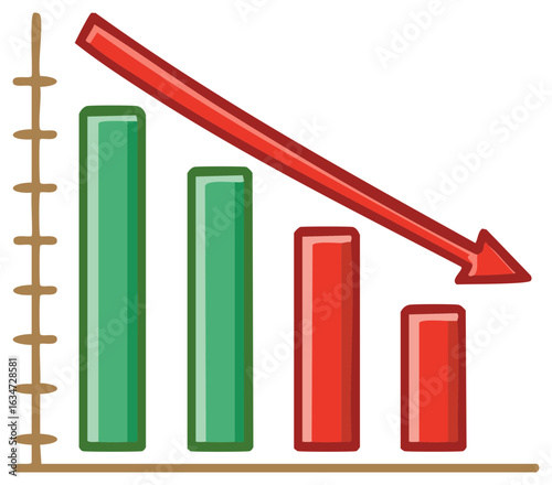 Hand drawn bar chart illustration with declining red arrow showing economic recession and loss.
