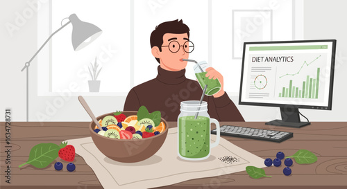 A man enjoying a healthy lifestyle with fruit salad and smoothie while working from home studying