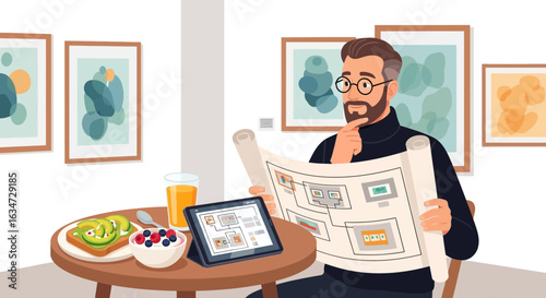 Architect or engineer reviews construction plans while enjoying breakfast at home
