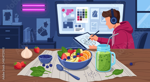 Healthy lifestyle and creative work balance for a designer at home environment in late evening