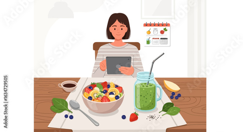 Young woman enjoying a healthy breakfast while using a tablet at home cartoon style