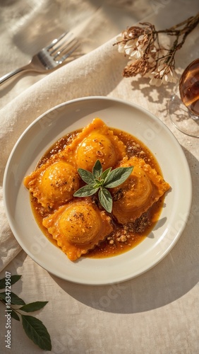 A top down view of four ravioli on a white plate with sauce and a sprig of oregano on top