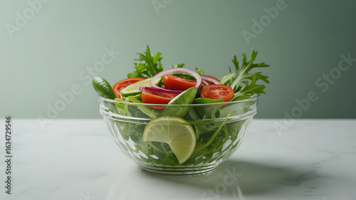 Fresh salad in a glass bowl, vibrant colors and textures.
