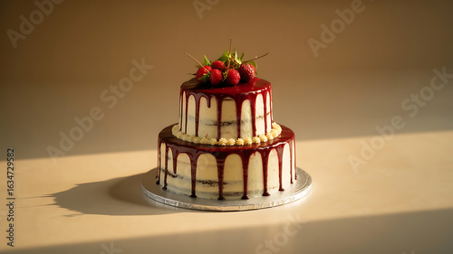 Two-tiered cake, dripping chocolate, topped with strawberries.
