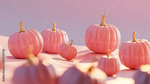 Pink pumpkins arranged on a soft pink surface.
