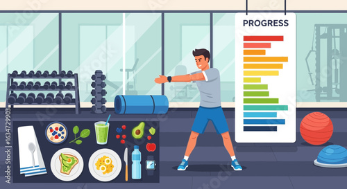 Illustration showcasing a healthy lifestyle with fitness and balanced nutrition in a gym