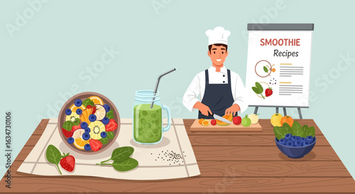 Chef preparing healthy smoothies and fresh fruit salads in a bright kitchen area