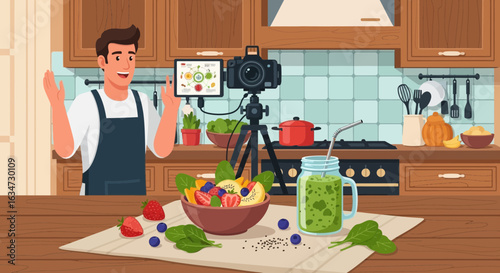 A man records a video about healthy eating and drinks in his kitchen studio setup
