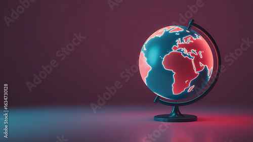 Globes illuminated in vibrant red and blue light.
