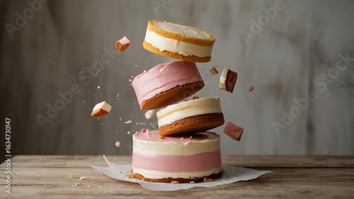 Cakes with pink frosting, in mid-air, suspended in a dynamic display.
