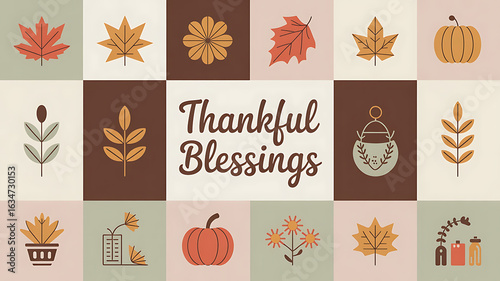 Autumnal icons, thankful blessings, fall theme.
