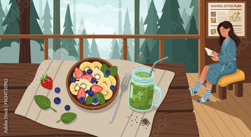 Girl in cozy cabin enjoys healthy meal and detox plan surrounded by nature scene
