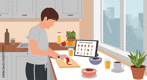 Preparing a healthy breakfast with a digital recipe in a modern kitchen scene