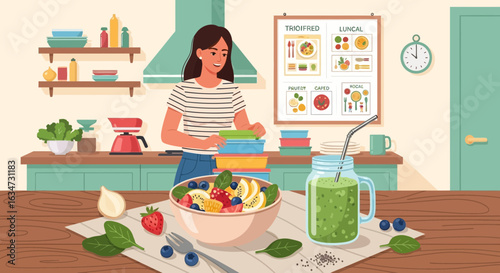 Woman preparing healthy food in kitchen: fruit salad and smoothie for a balanced diet lifestyle