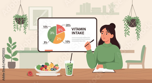 Woman analyzing vitamin intake chart with healthy food options in cozy home setting