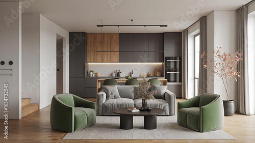 Modern, minimalist living room with gray and green accents.
