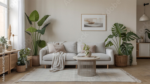 Neutral-toned living room with plants, sofa, and coffee table.
