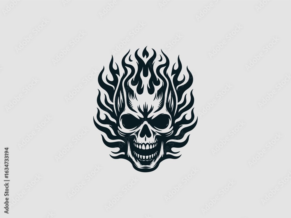 Obraz premium A fiery black and white skull with flames for hair and glowing eyes on a clean white background for halloween