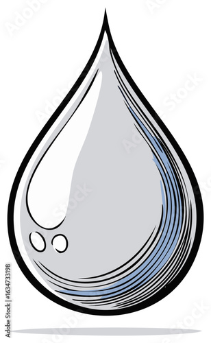 Cartoon illustration of a stylized water droplet with highlights and shading.