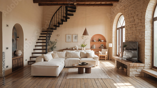 Beige sectional sofa in a rustic, light-filled living room.

