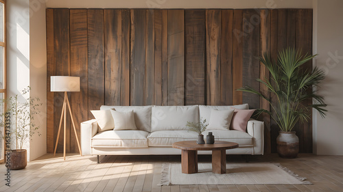 Modern living room with wooden wall and white sofa.
