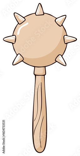 Medieval mace illustration with wooden handle and spiked ball weapon