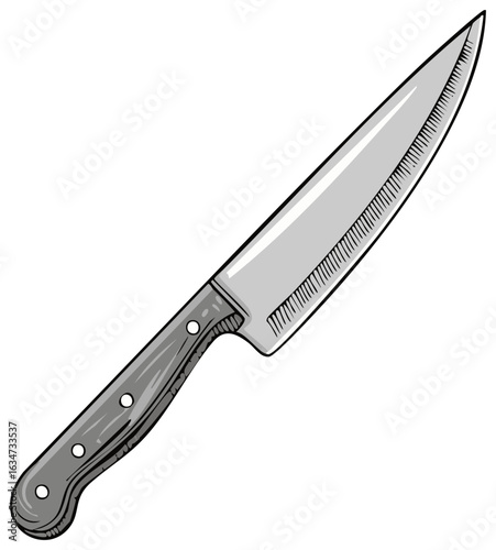 Chef's Knife Illustration with Wooden Handle and Silver Serrated Blade for Cutting Food Preparation