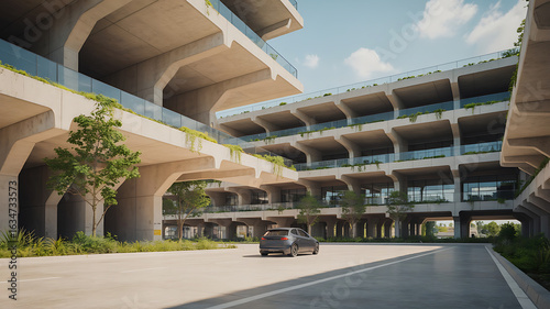 Concrete parking garage structure with greenery. Empty roadway.