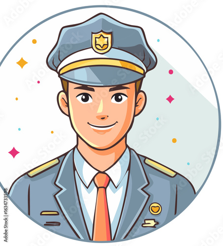 Smiling Cartoon Pilot Character Wearing Uniform and Hat With Badge in Colorful Design