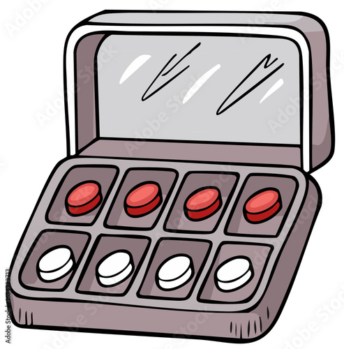 Open Board Game Box with Red and White Checkers Piece Array Arrangement
