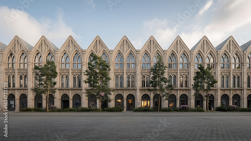 A long row of light beige buildings with pointed arches and tall windows.
