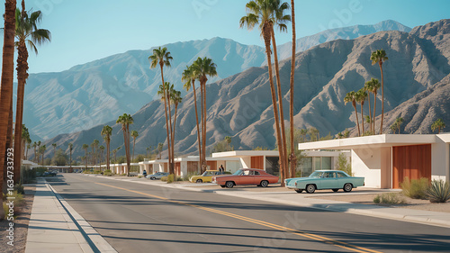 Palm Springs mid-century modern homes, sunny street, mountains.
