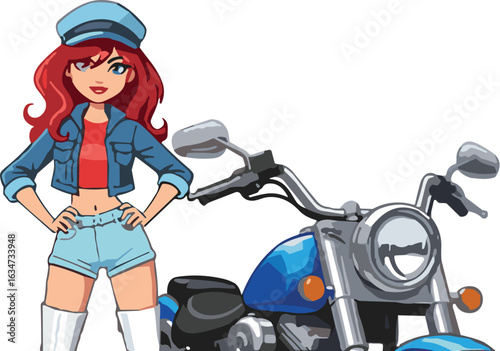 Cartoon character with red hair, blue motorcycle, stylish outfit, cruiser bike, vibrant illustration, metallic shine, fun design, outdoor vibe